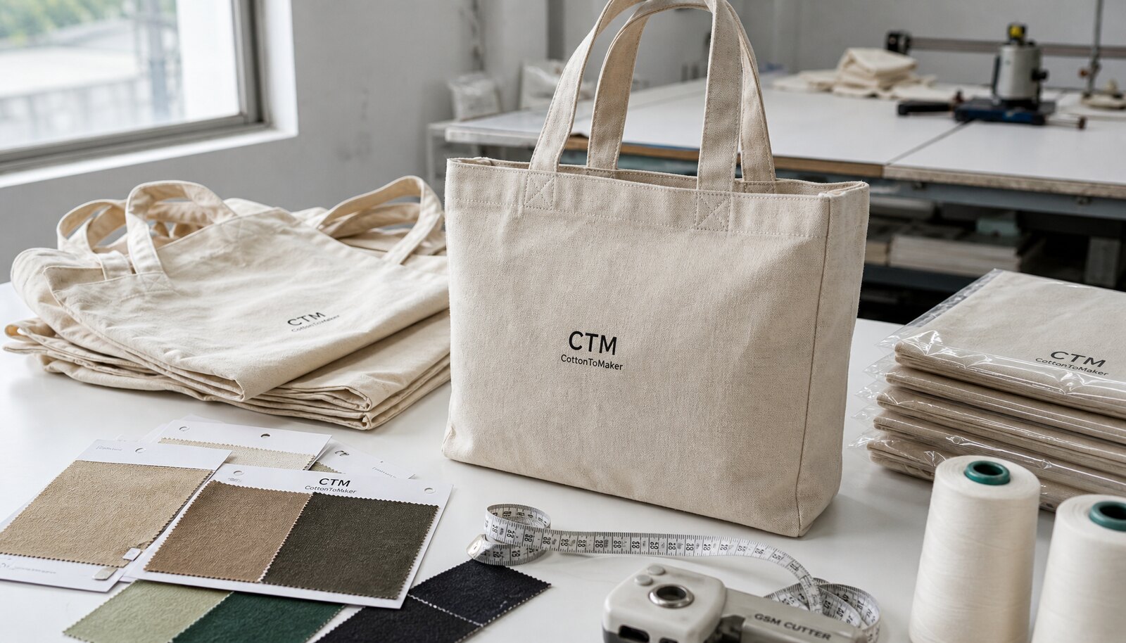 Canvas tote bag sample with CTM CottonToMaker logo on factory inspection table