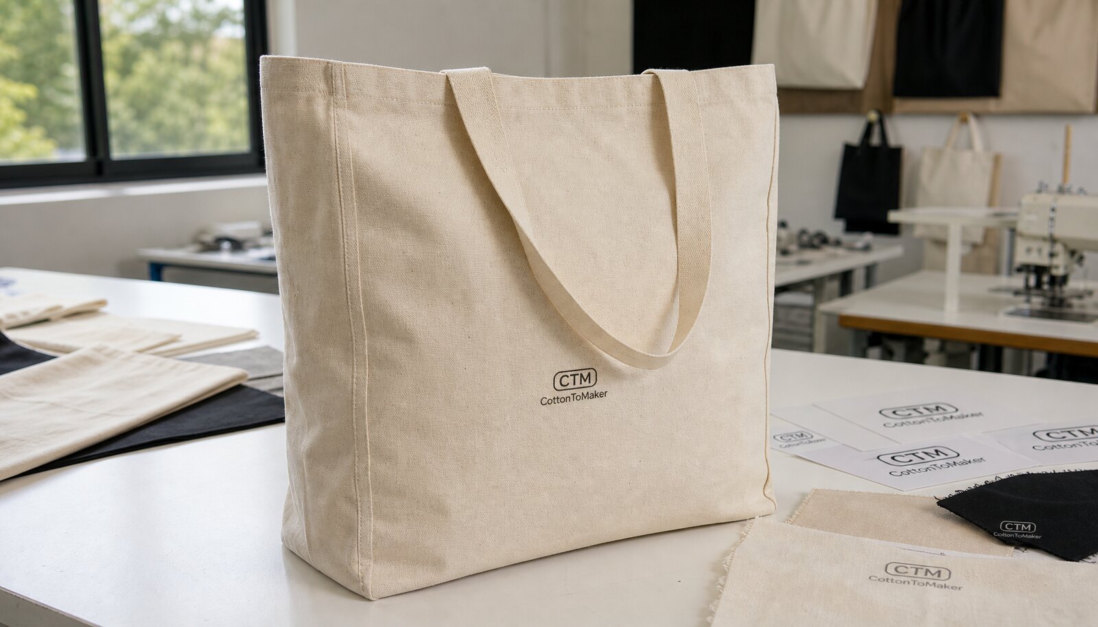 Printed canvas tote bag with a simple CTM sample logo in a factory sample room
