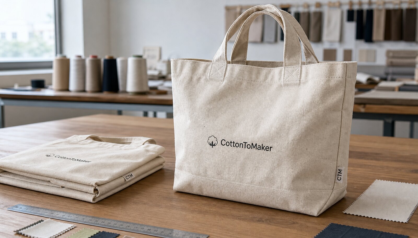 Natural canvas tote bag sample with CTM CottonToMaker logo in a factory sample room