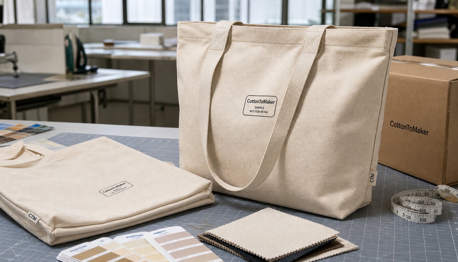 Natural canvas tote bag sample with CTM logo on a factory sample room table for reorder approval