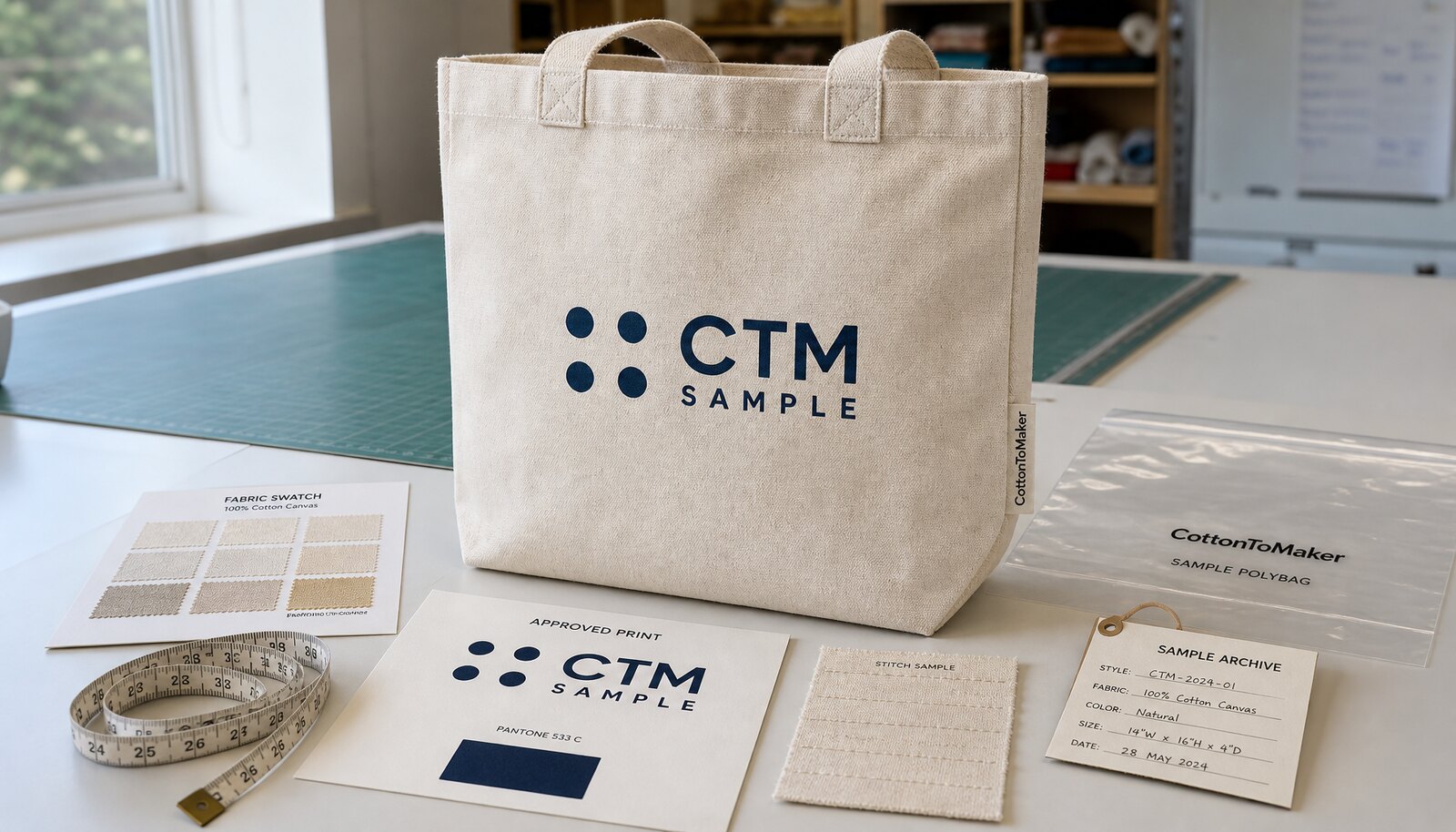 Canvas tote bag sample with CTM logo in a factory sample room archive setup