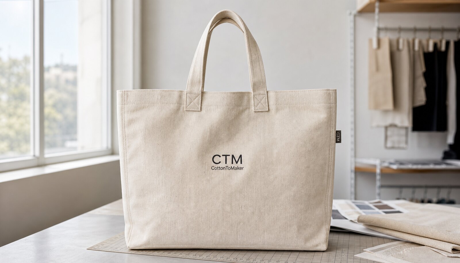 Photorealistic canvas tote bag with print and a small CTM sample logo in a factory sample room.