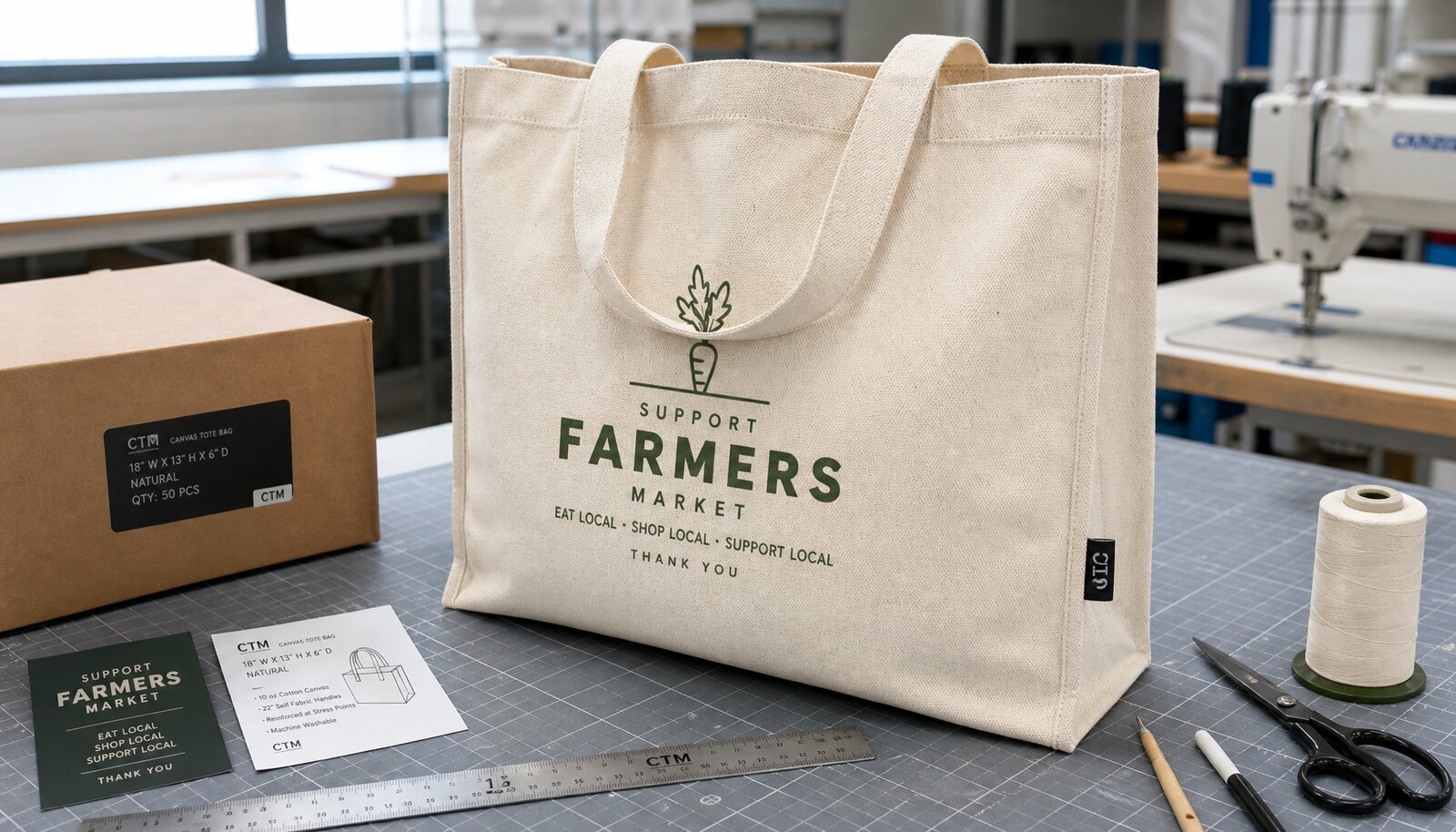 Natural canvas tote bag with a sewn CTM side label in a factory sample room
