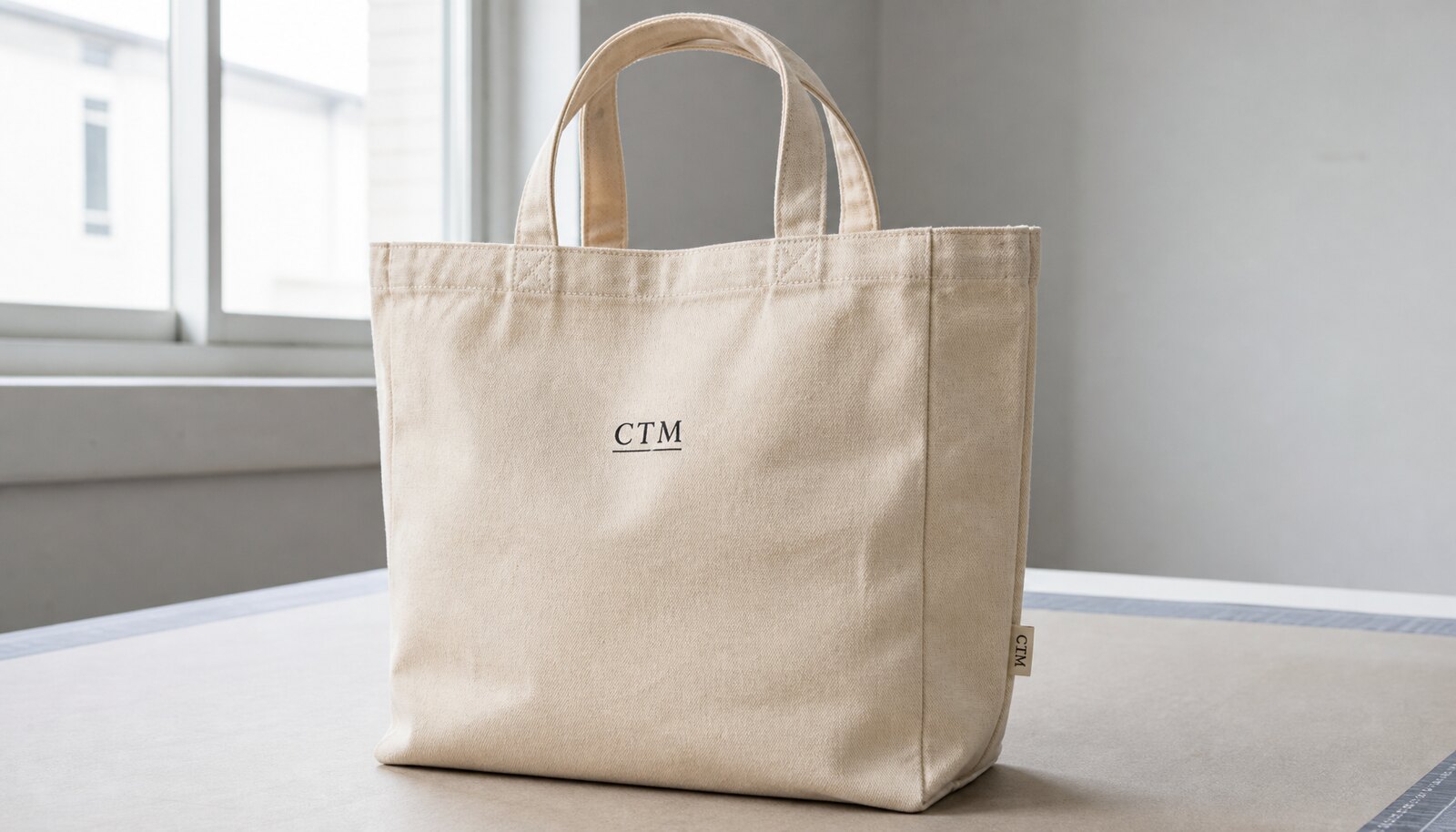 A real canvas tote bag with a small CTM logo sewn and printed, shown in a clean factory sample room.