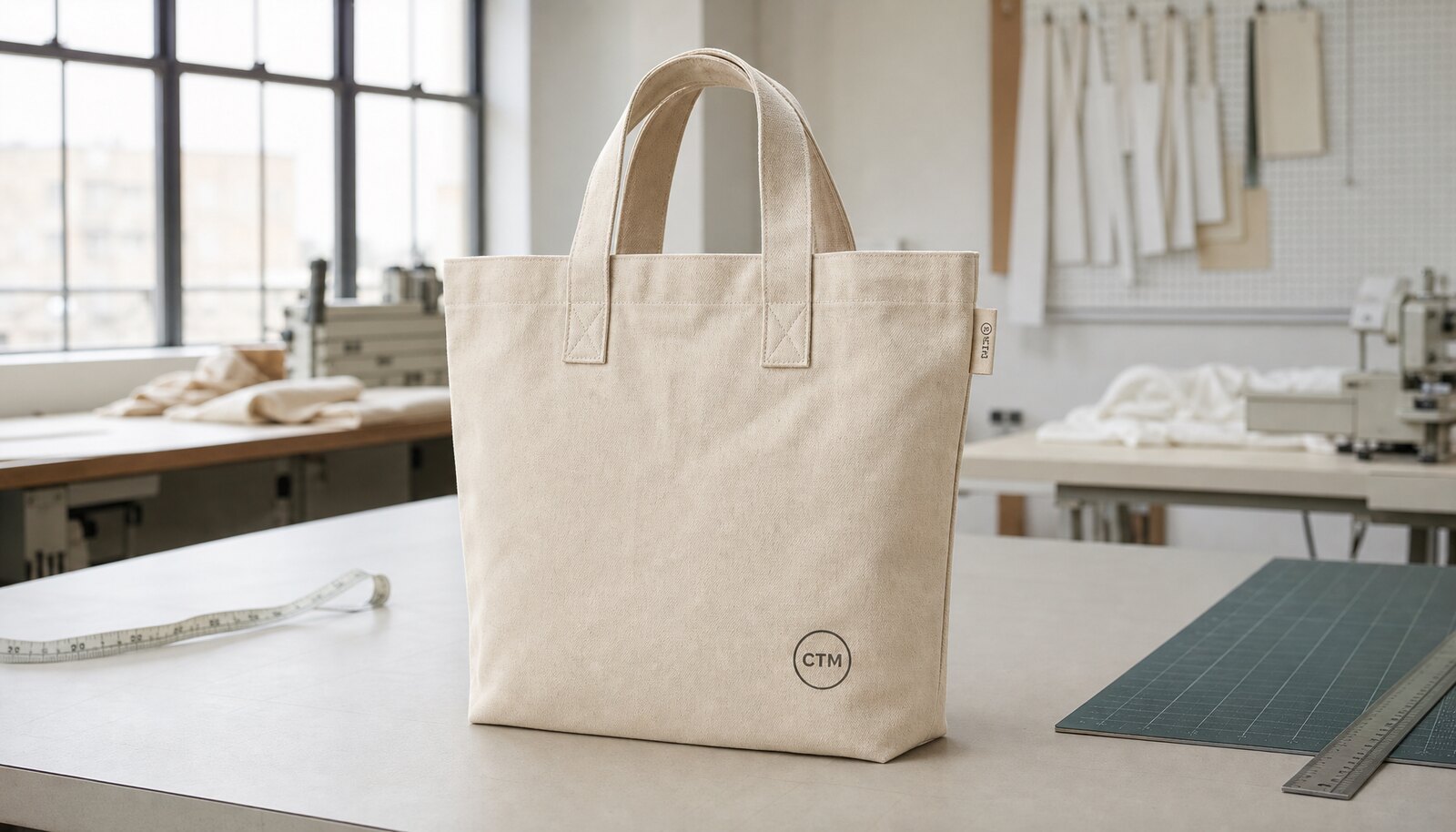 Natural canvas tote bag for hotels with a simple CTM logo in a clean sample room