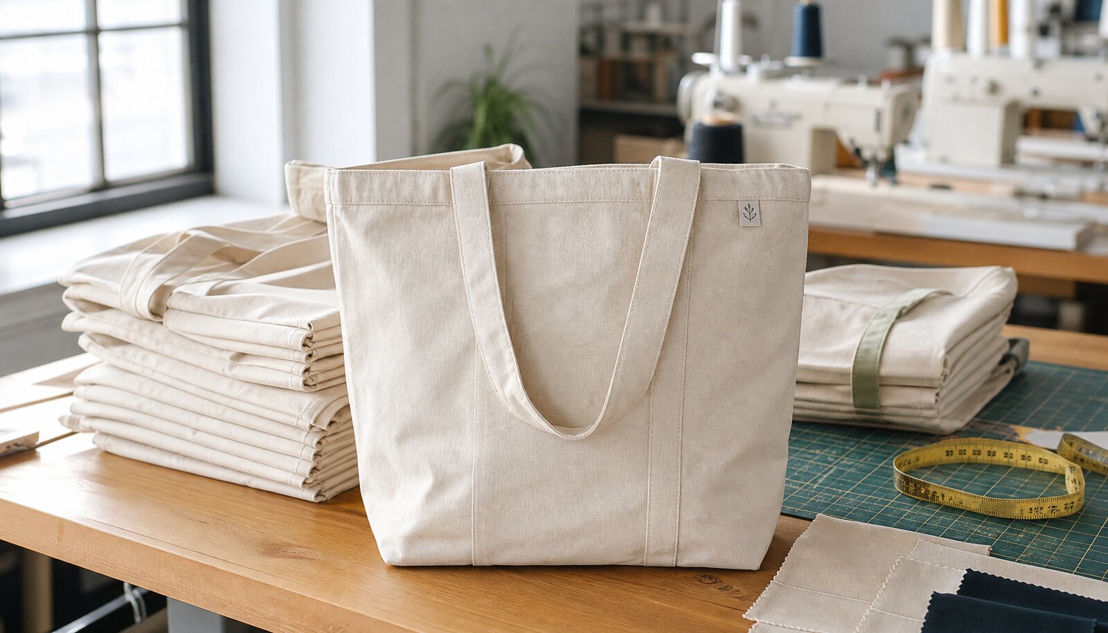 Natural canvas tote bags with a simple CTM CottonToMaker sample logo printed on the front in a clean factory sample room