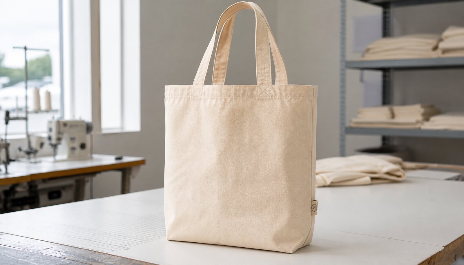 Natural canvas tote bag with a simple CTM sample logo shown in a factory sample room
