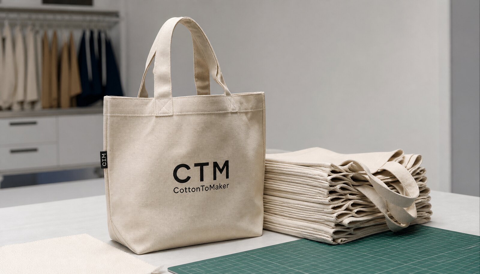Photorealistic canvas exhibition tote bag with a small CTM CottonToMaker logo printed on the front in a factory sample room