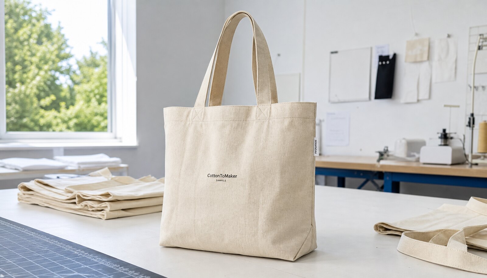 Natural canvas trade show tote bag with reinforced stitching and a simple sample logo in a factory sample room.