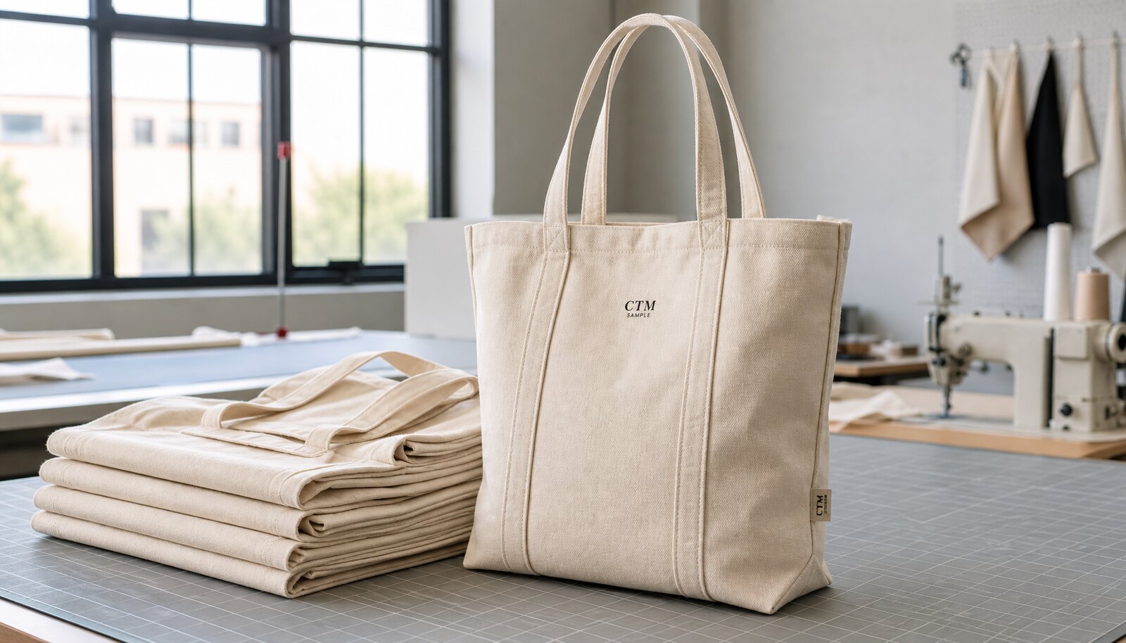 Natural canvas tote bags shown in a factory sample room with a small CTM CottonToMaker logo