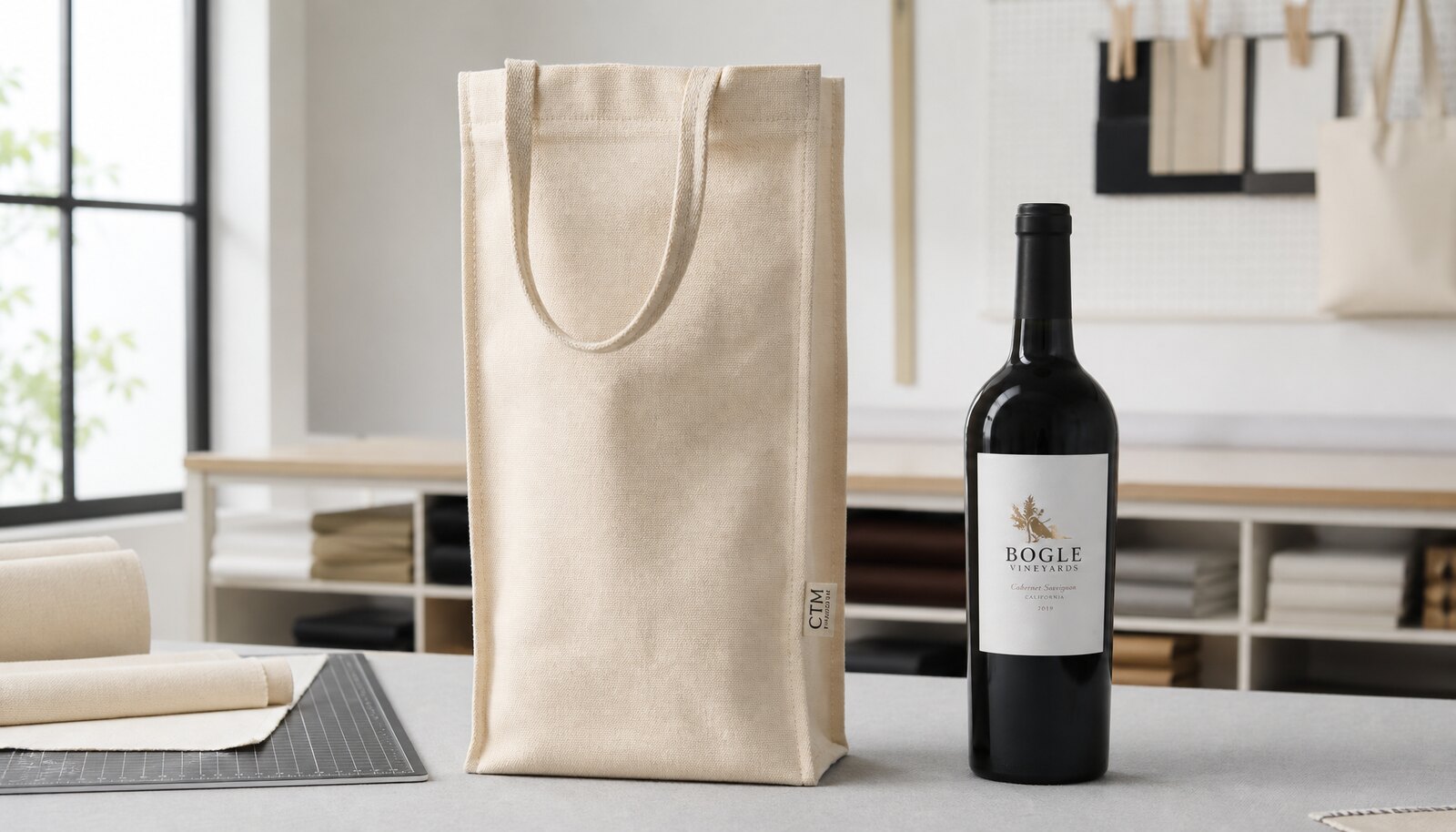 Natural canvas wine bag with a small CottonToMaker sample label in a clean factory sample room