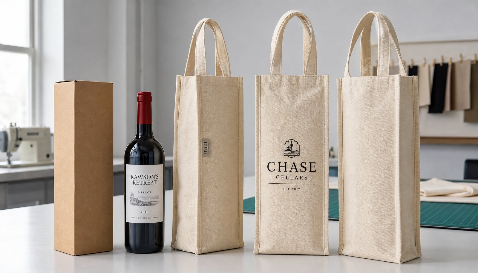 Canvas wine bags for events with a small CTM sample logo on a factory sample-room product photo