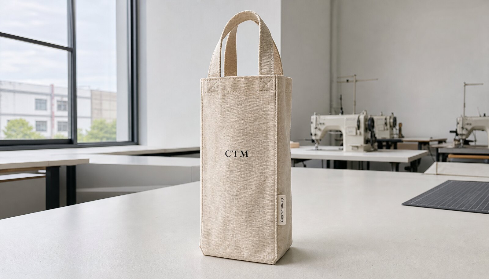A canvas wine bag for hotels with a simple CTM logo printed directly on the front in a factory sample room