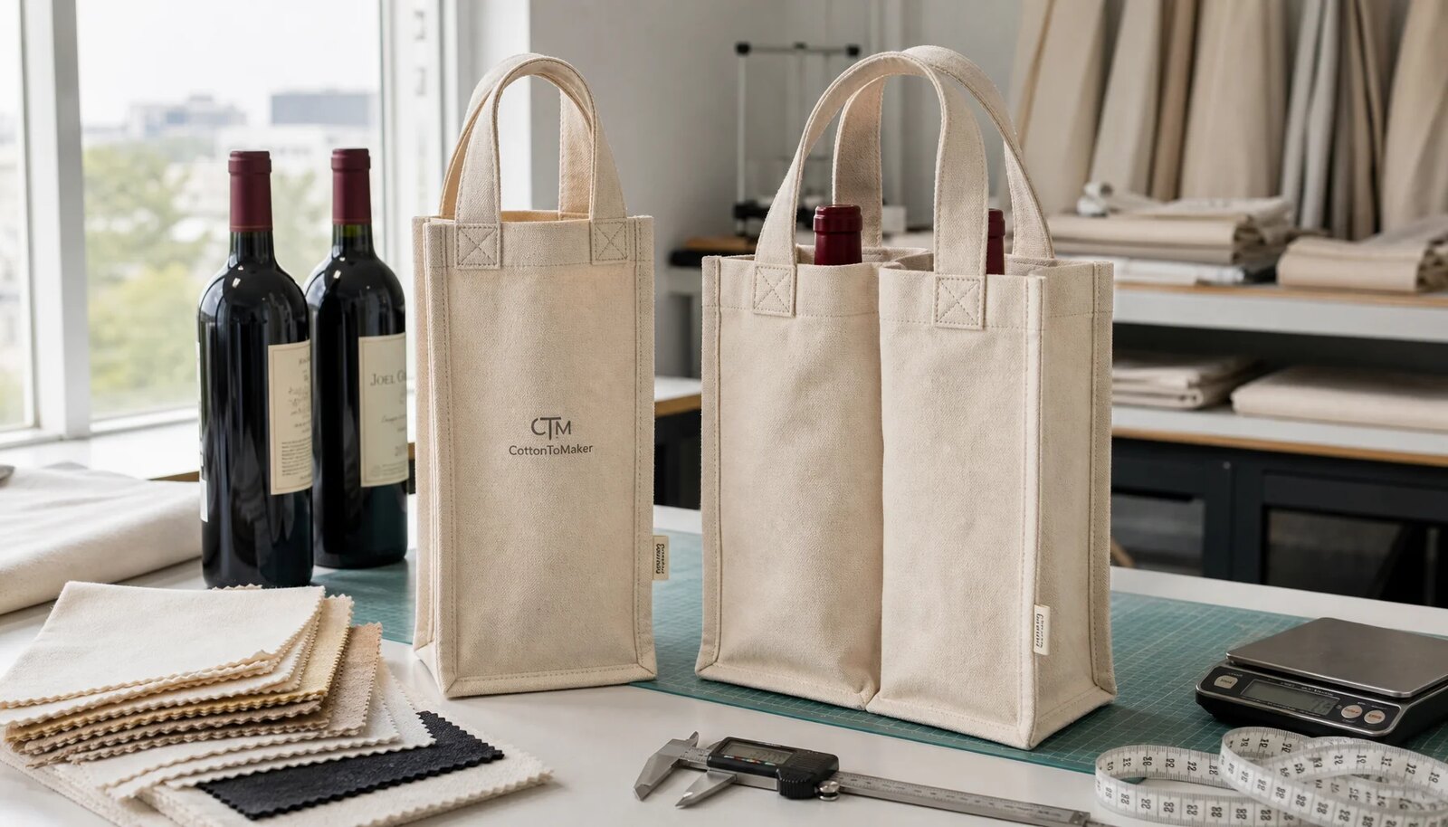 Canvas wine carriers with reinforced handles, bottle dividers, gusseted bases, and printed logo on a durability testing table