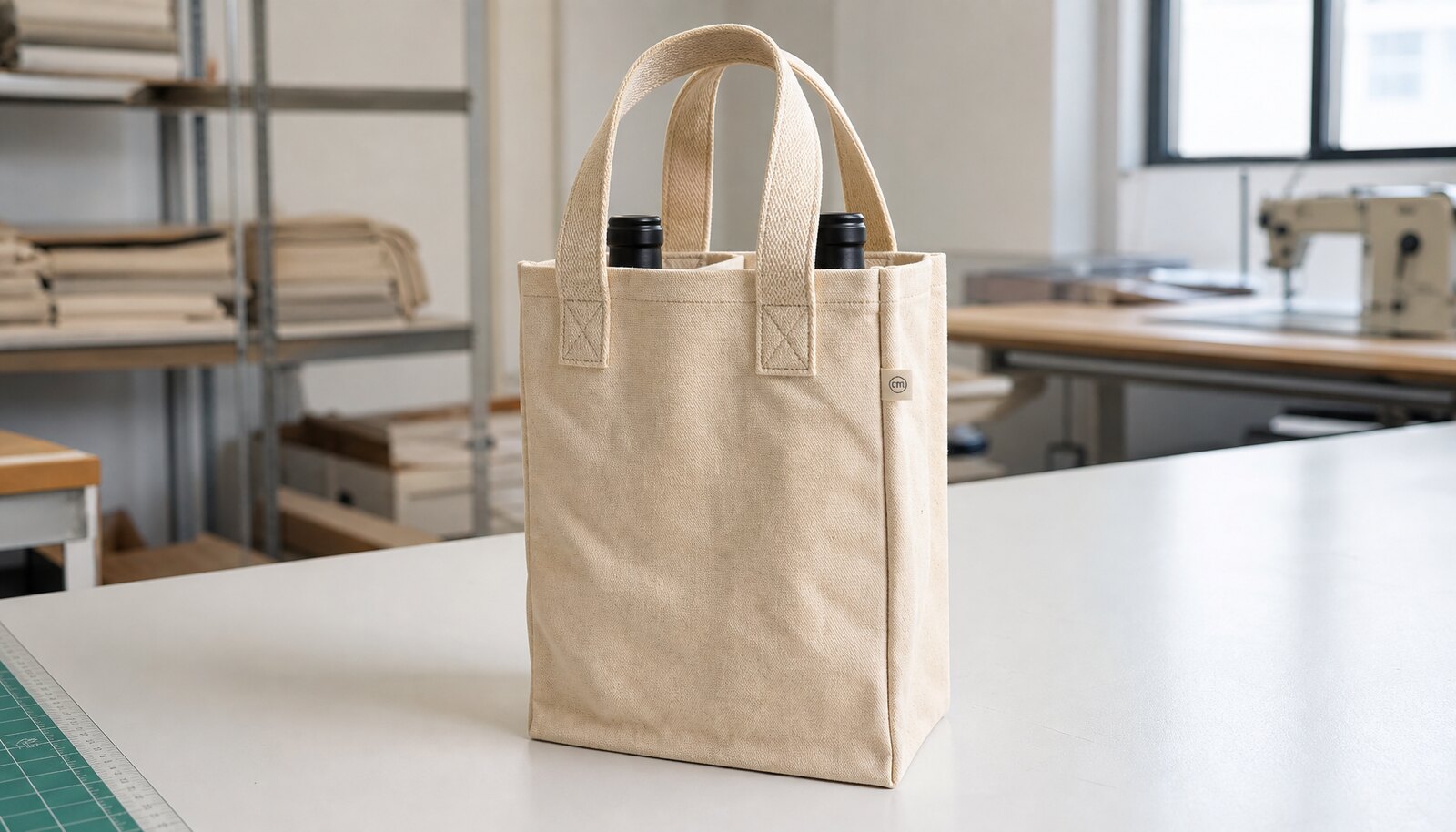 Natural canvas wine carrier with a small CTM logo label in a clean factory sample room