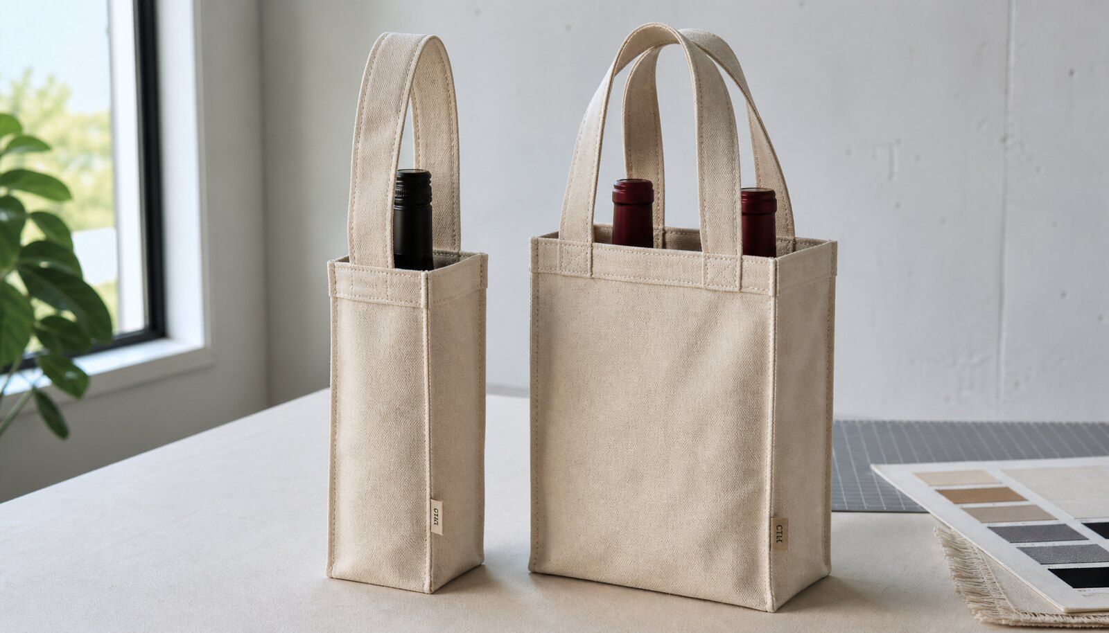 Photorealistic canvas wine carrier sample with a visible CTM logo in a clean factory sample room.