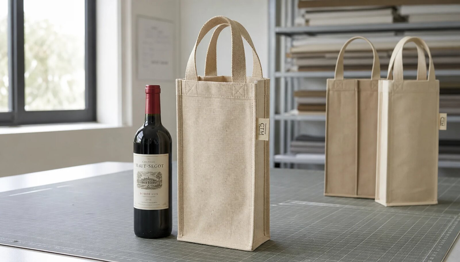 Photorealistic canvas wine carrier sample in a factory room with a small CTM logo label and visible stitching