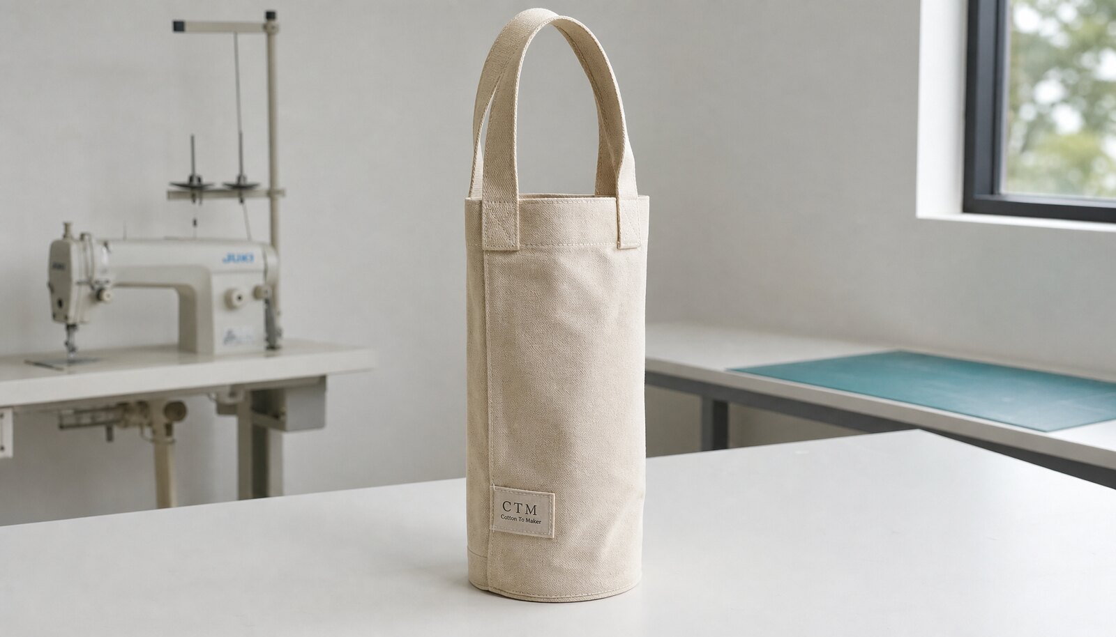Natural canvas wine carrier with a sewn CTM sample label in a factory sample room