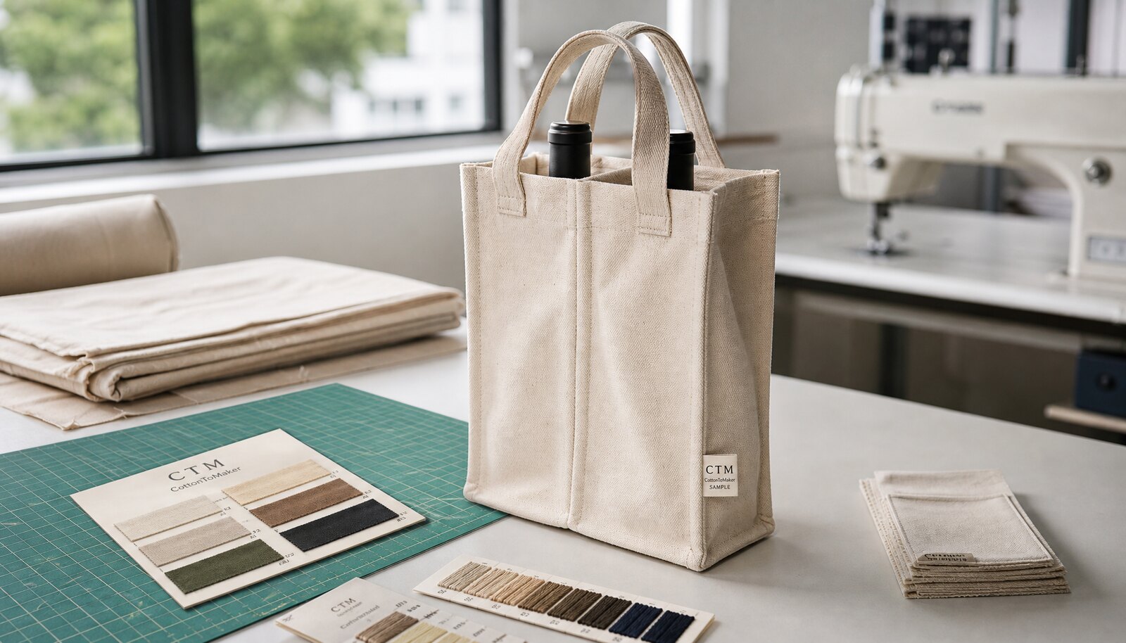 Photorealistic canvas wine carrier with a CTM sample logo shown in a factory sample room