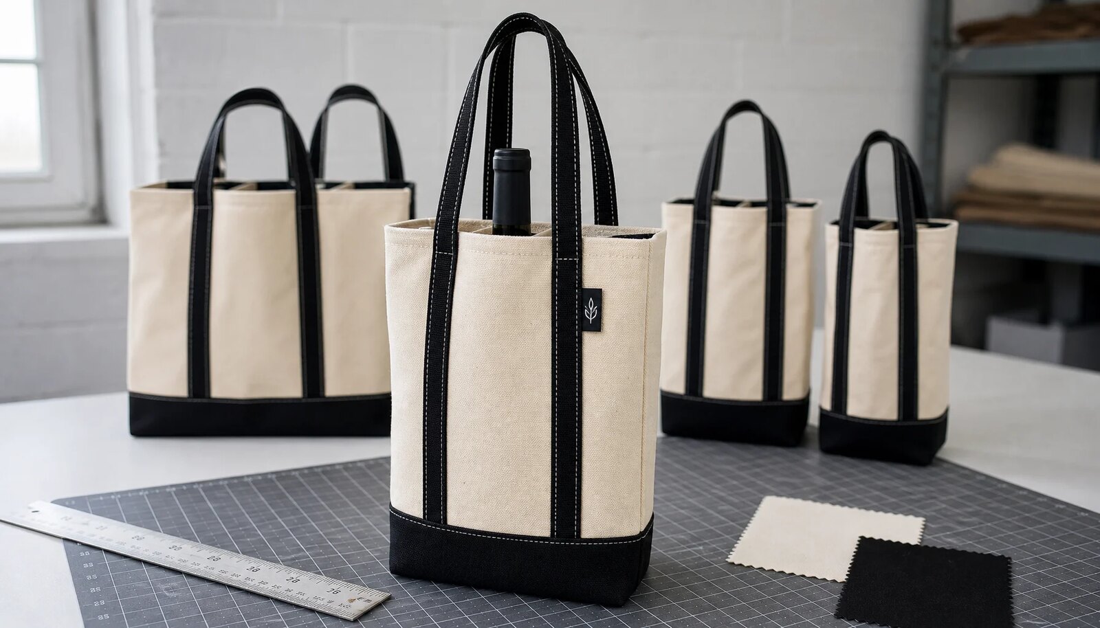Photorealistic canvas wine carriers with a simple CTM/CottonToMaker sample logo in a factory sample room.