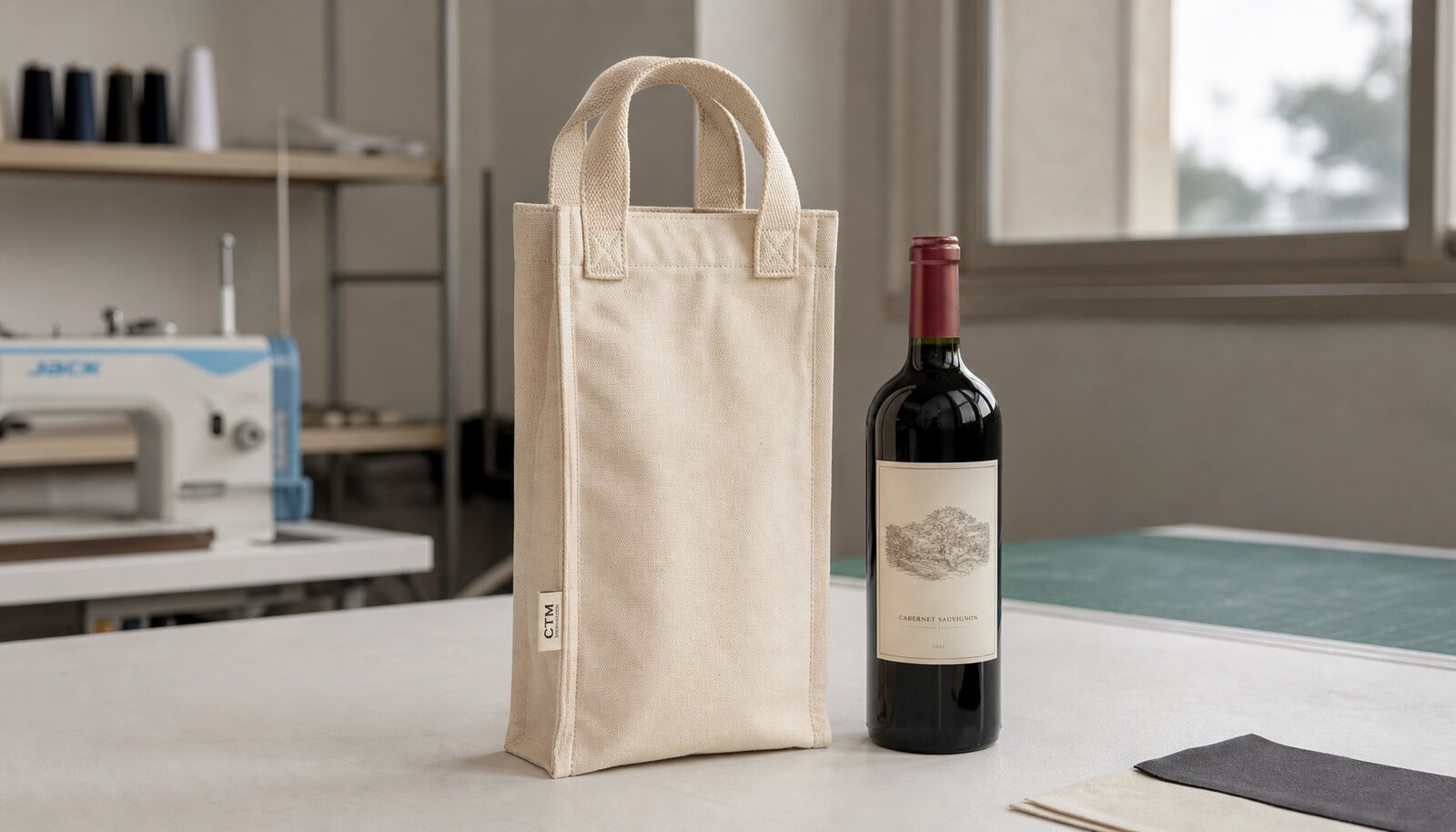 Natural canvas wine carrier with a small CTM sample logo on a side label in a clean factory sample room.