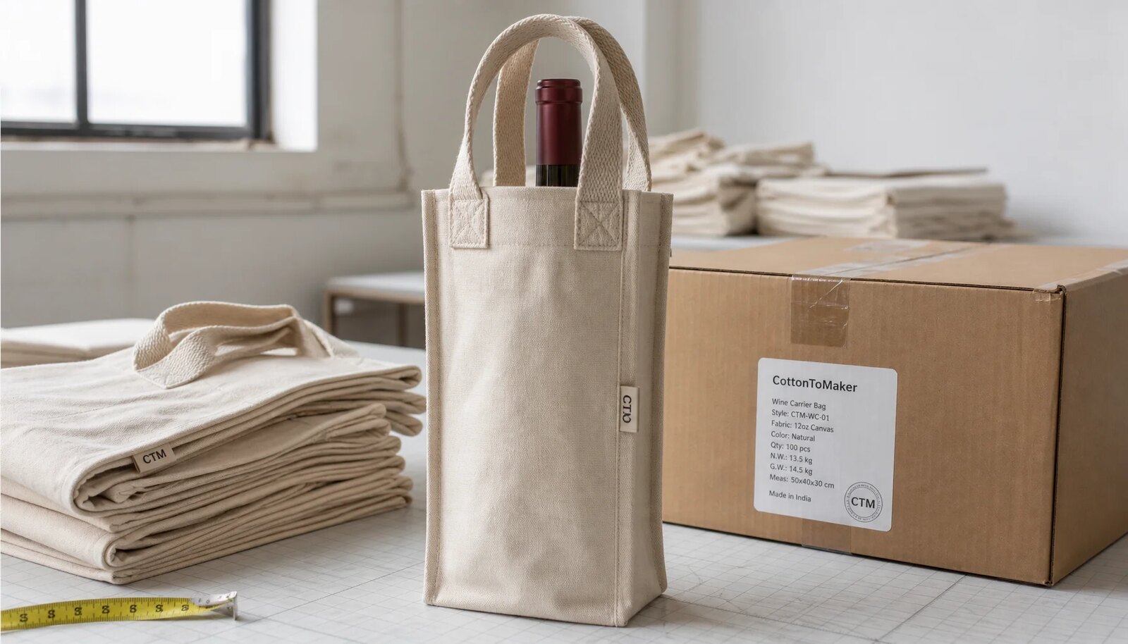 Canvas wine carrier with CTM side label beside folded samples and a labeled export carton in a factory sample room