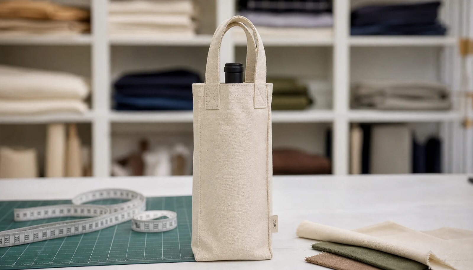 Natural canvas wine carrier with a CTM/CottonToMaker side label in a factory sample room