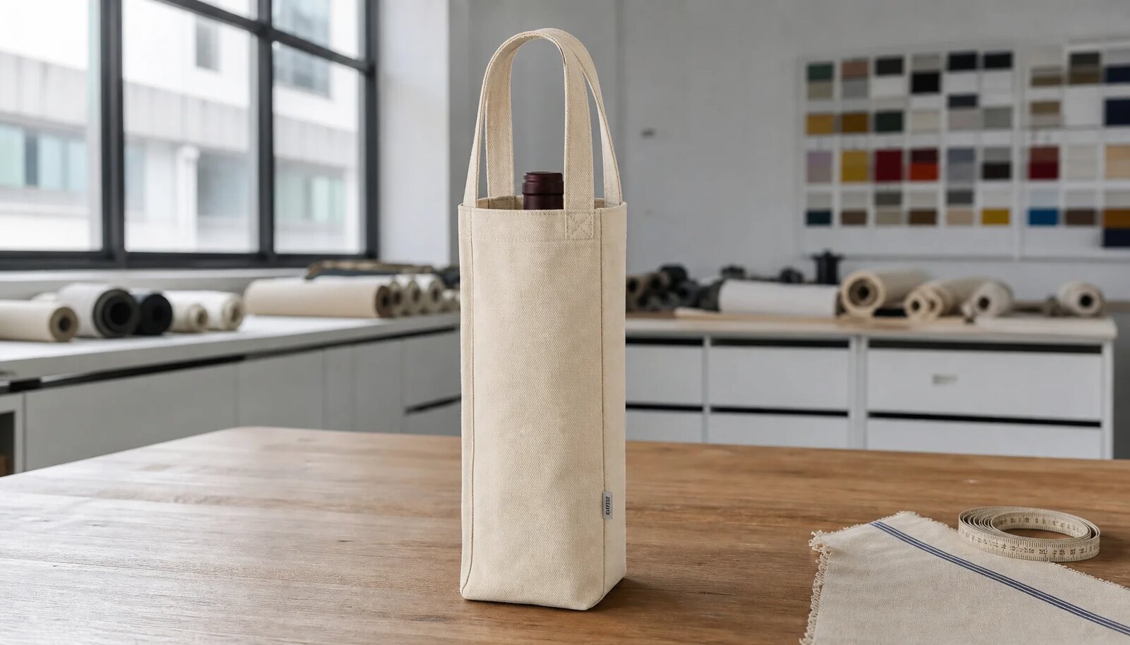 A natural canvas wine carrier sample with a small CTM/CottonToMaker side label in a factory sample room