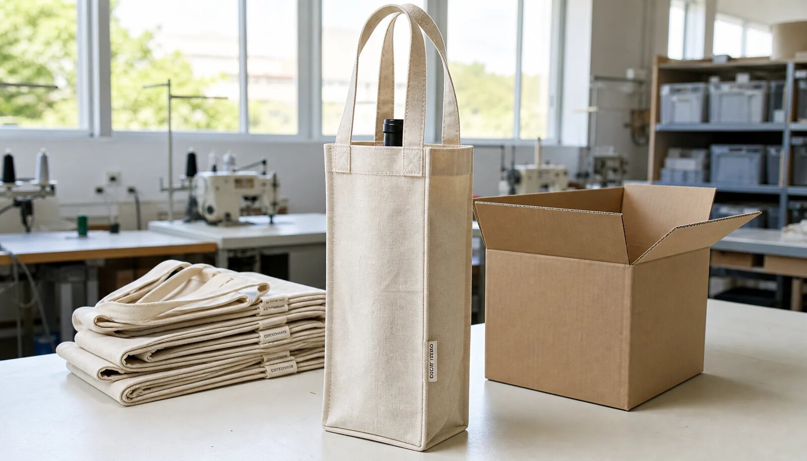 Canvas wine carriers with a CTM woven side label in a factory sample room beside a sample carton