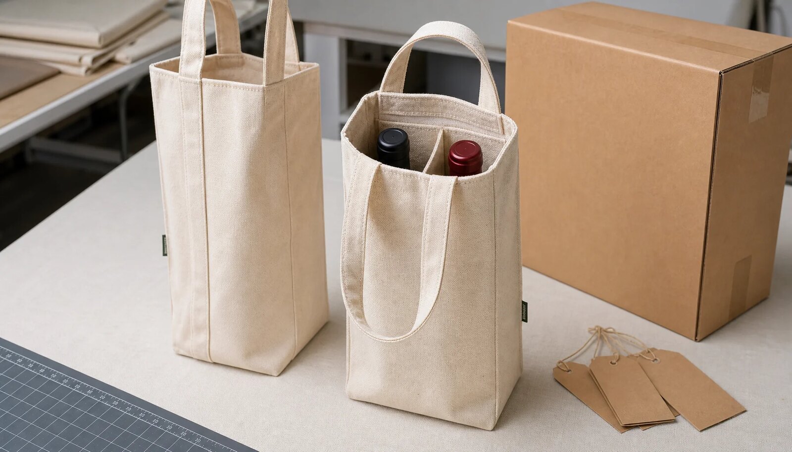 Canvas wine carriers with CTM woven side label and export carton for hotel retail packing review