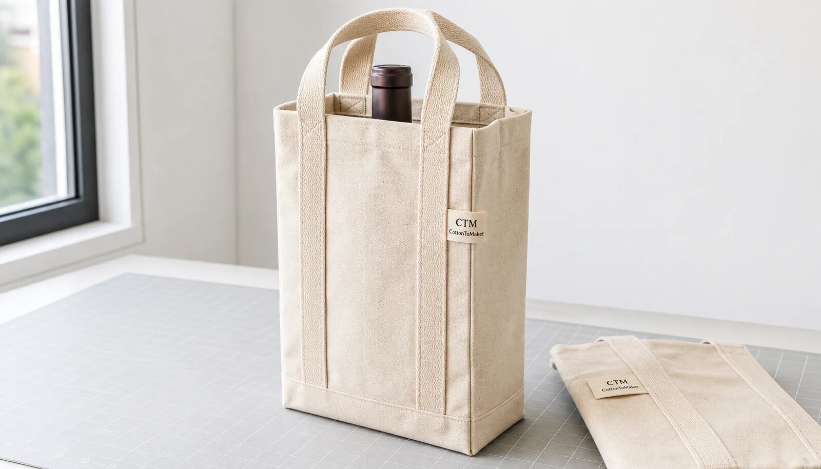 Canvas wine carrier sample with reinforced base, stitched handles, and CTM/CottonToMaker side label in a factory sample room.