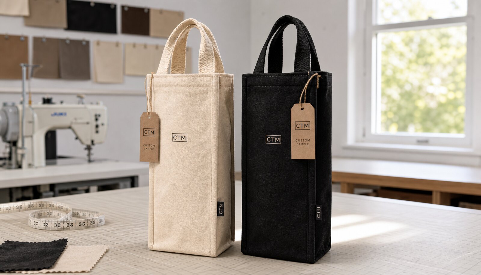 Canvas wine carriers with a small CTM sample logo in a factory sample room