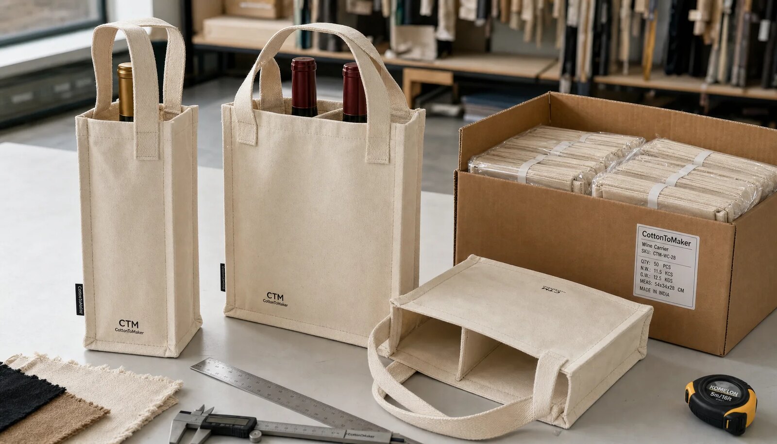 Natural canvas wine carriers with CTM sample logo, stitched divider, reinforced handles, and carton packing setup