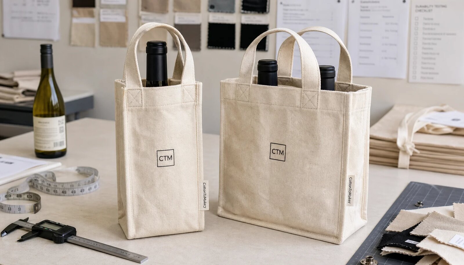 Natural canvas wine carriers with reinforced stitched handles and CTM printed sample logo in a factory sample room