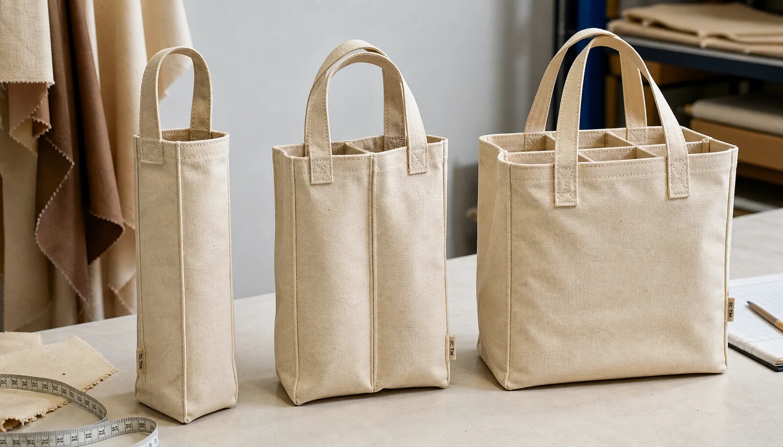 Natural canvas wine carriers with CTM sample logo showing fabric texture and reinforced handles