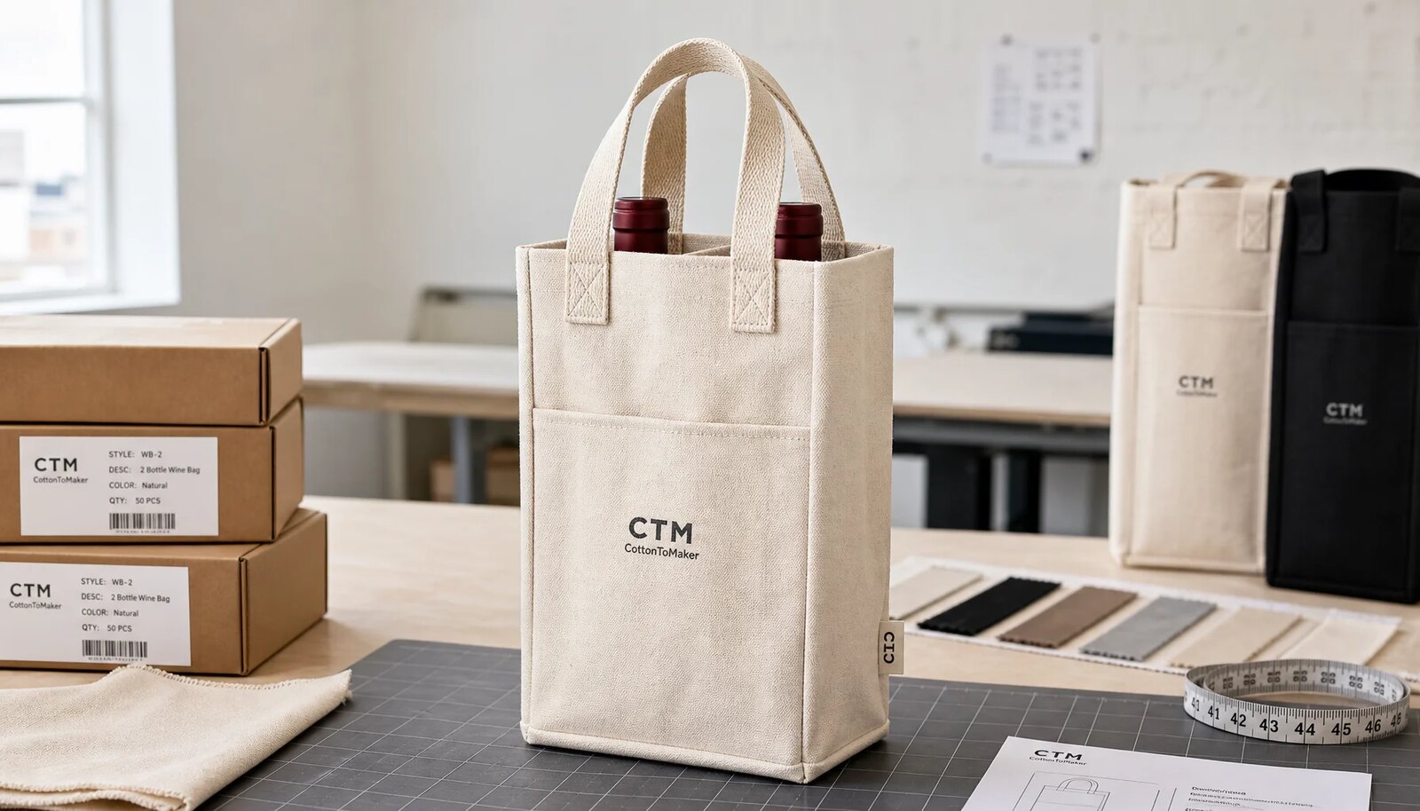 Natural canvas two-bottle wine carriers with reinforced handles, dividers, sample logo, and QC measuring tools
