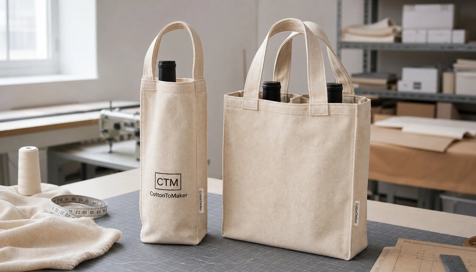 Natural canvas wine carriers with CTM sample logo printed on the front panel