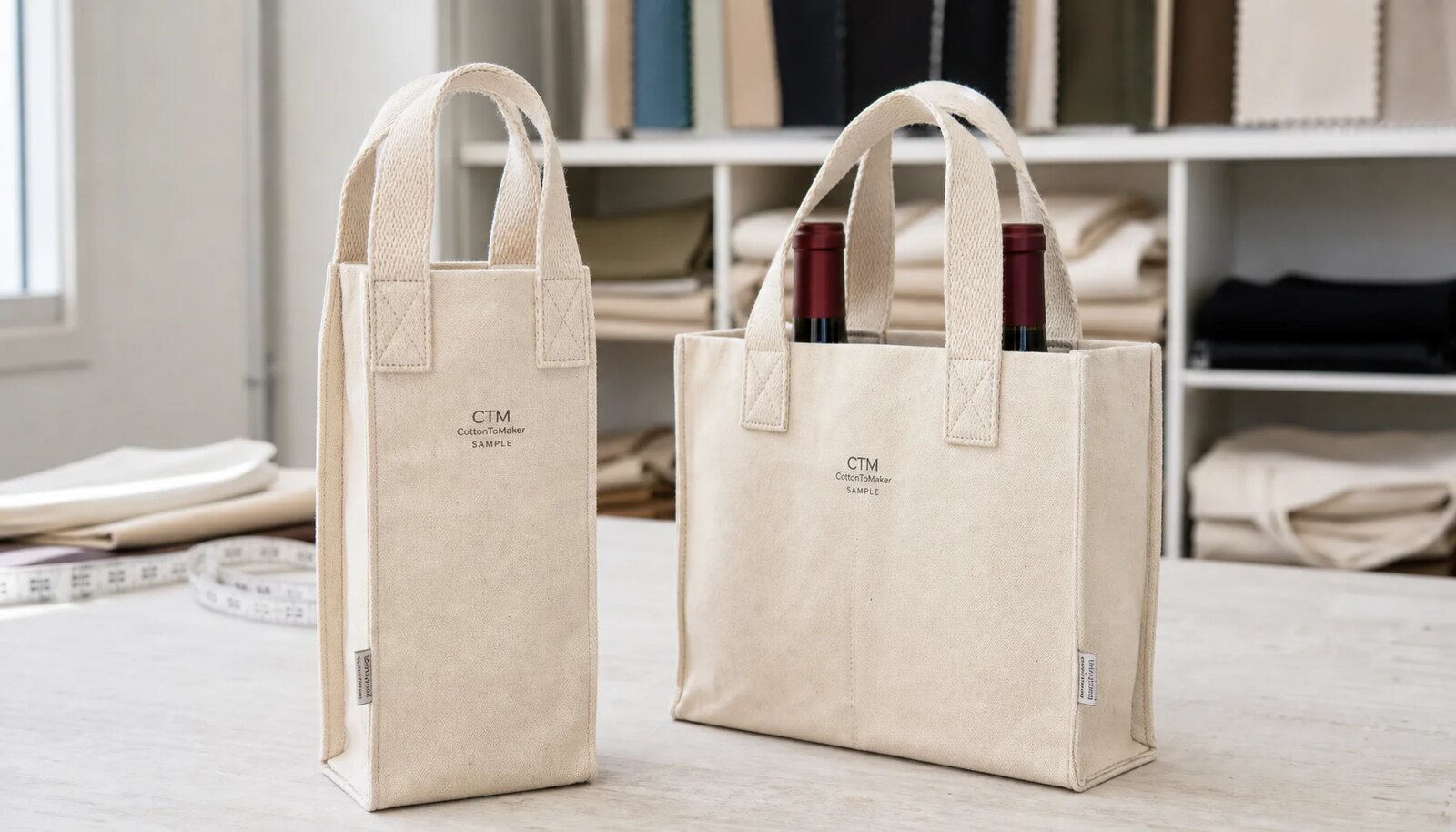 Natural canvas wine carriers with CTM sample logo in a clean factory sample room