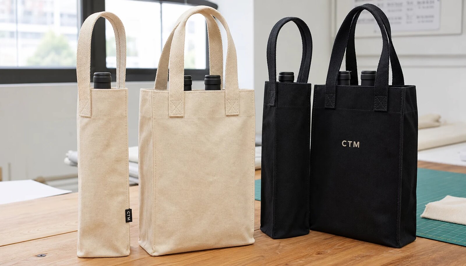 Canvas wine carrier samples with CTM logo label and print displayed in a factory sample room