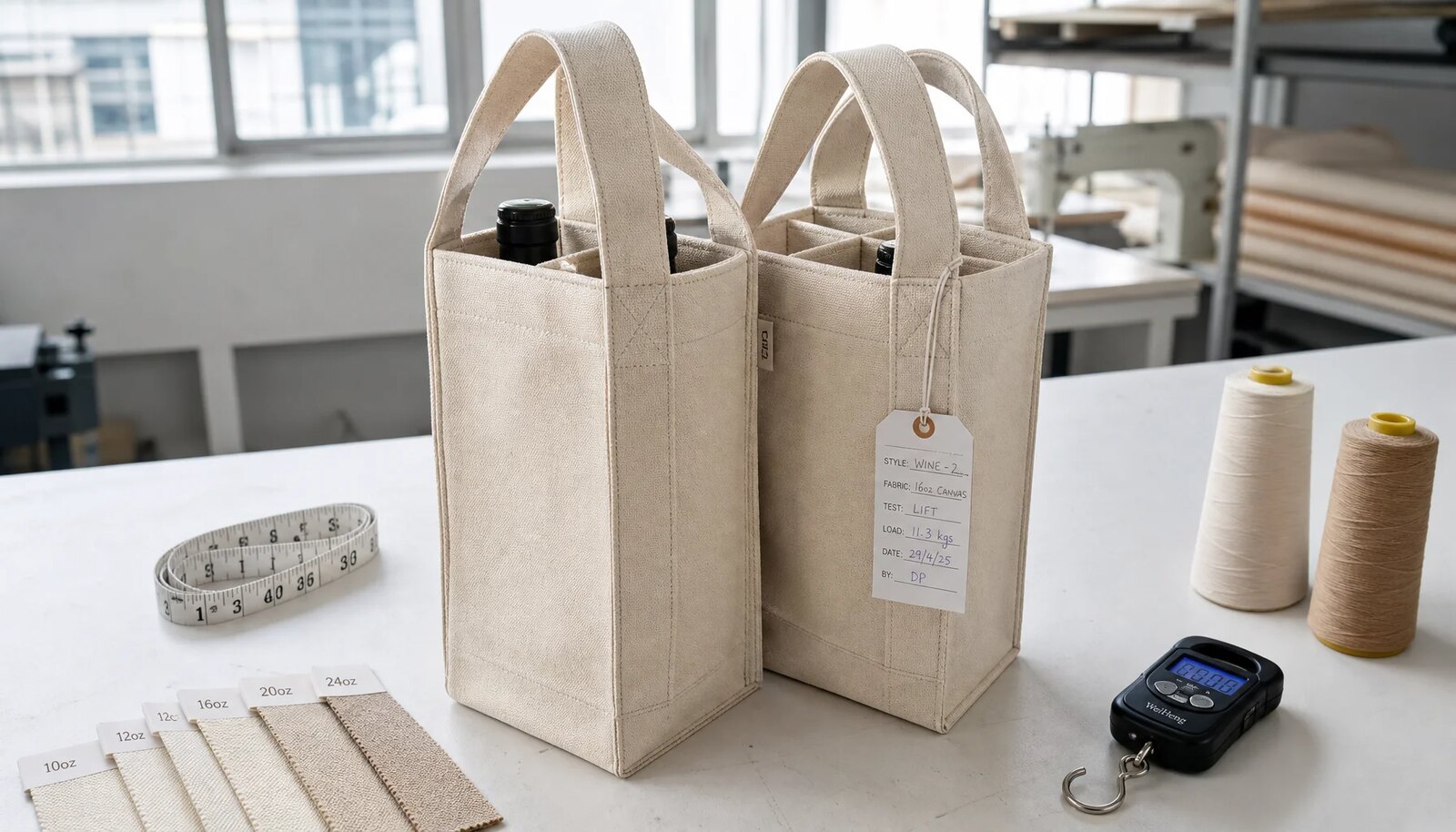Natural canvas wine carriers with reinforced handles, bottle dividers, base support, and CTM sample logo in a factory sample room