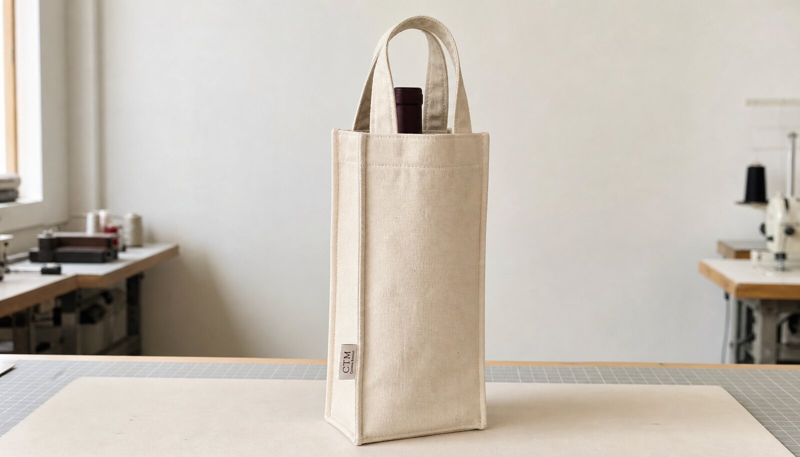 Photorealistic canvas wine carrier in a factory sample room with a small CTM woven side label visible