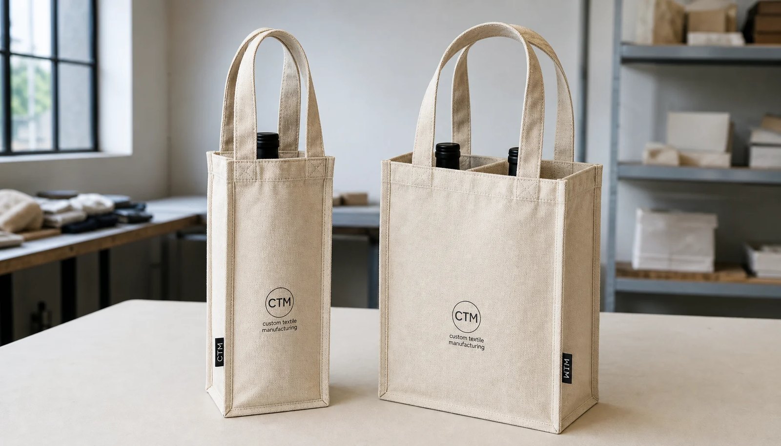 Canvas wine carrier samples with CTM logo, reinforced handles, and inner divider on a factory sample table