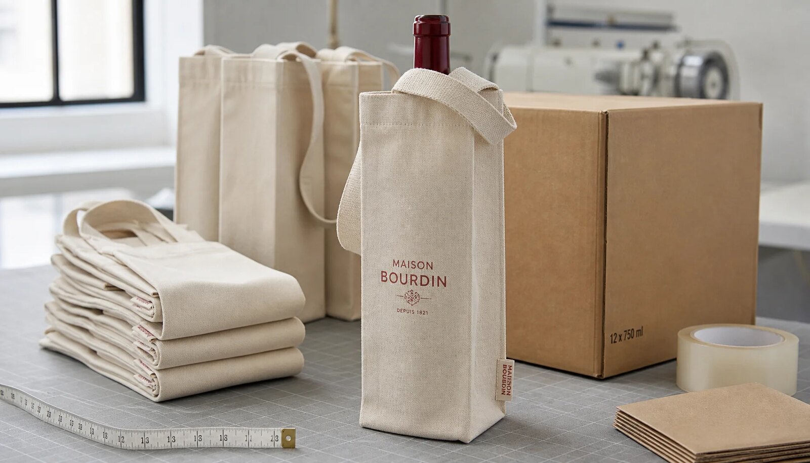 Canvas wine carriers with a sewn CTM sample label arranged beside a shipping carton in a factory sample room