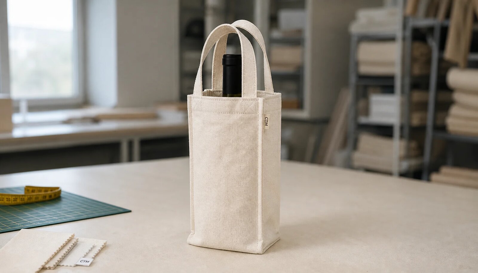 Photorealistic canvas wine carrier with a small CTM/CottonToMaker side label in a factory sample room