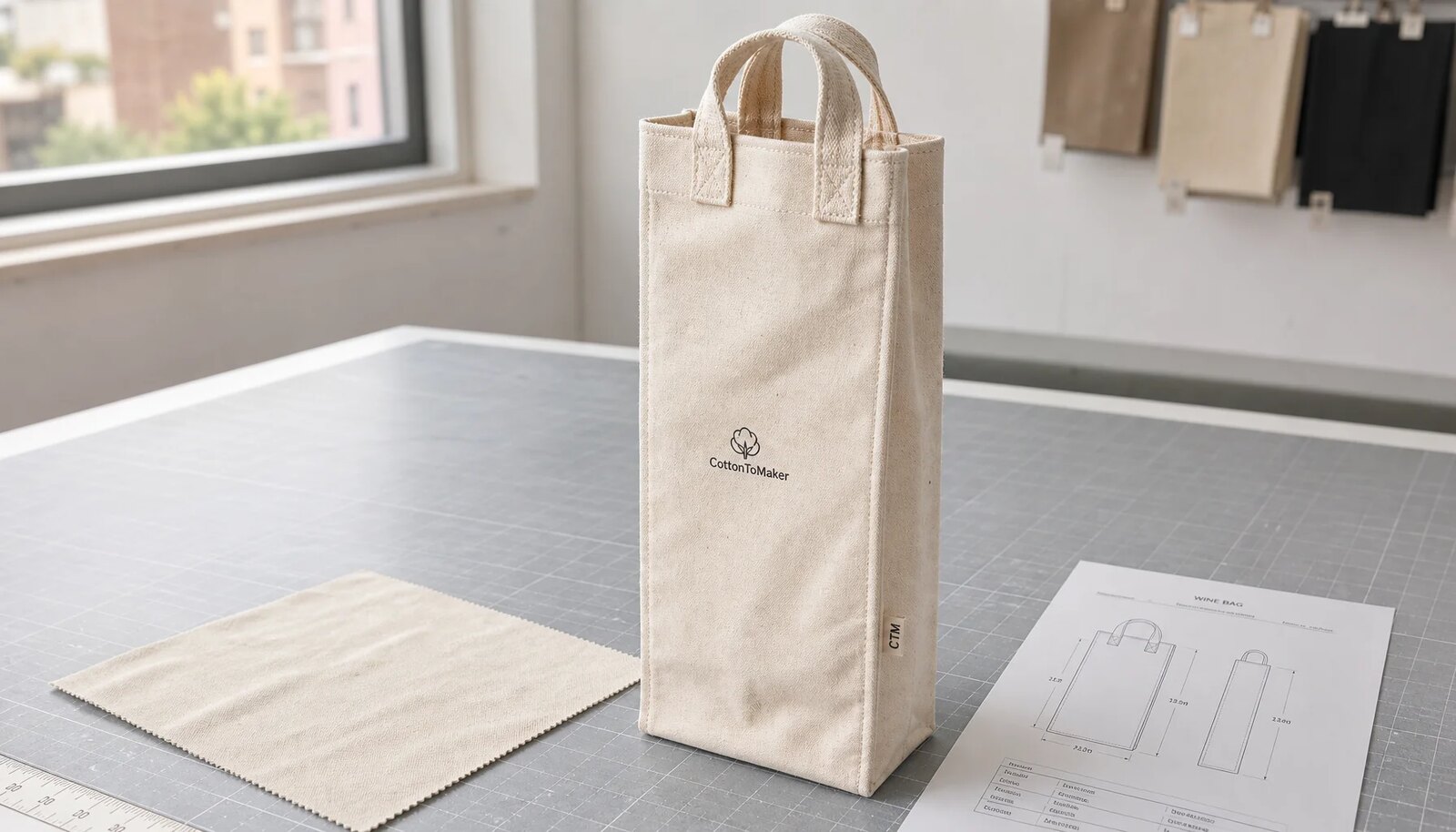 A natural canvas wine carrier with a CottonToMaker sample logo, reinforced handles, and fabric swatch in a factory sample room.