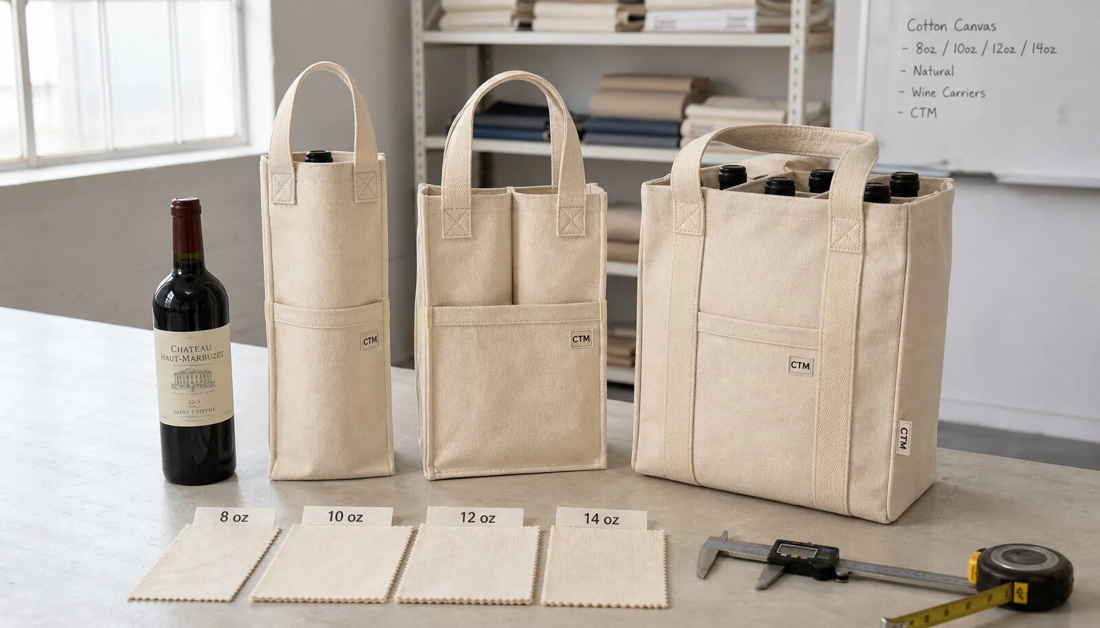Canvas wine carrier samples with CTM logo, fabric swatches, reinforced handles, dividers, measuring tape, and sample room inspection tools