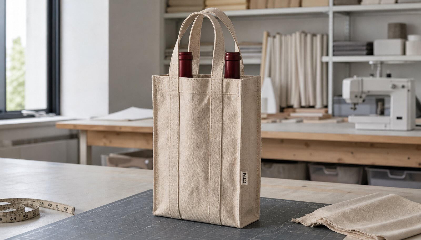 A canvas wine carrier with a simple CTM sample label shown in a clean factory sample room
