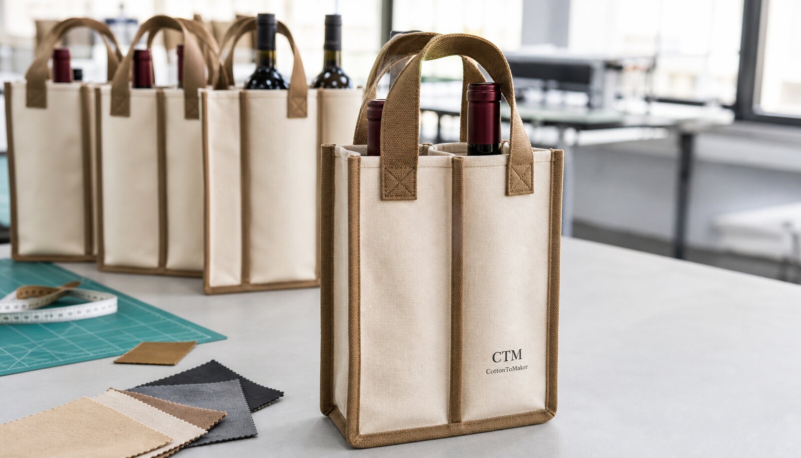Canvas wine carrier sample with CTM logo in a factory sample room
