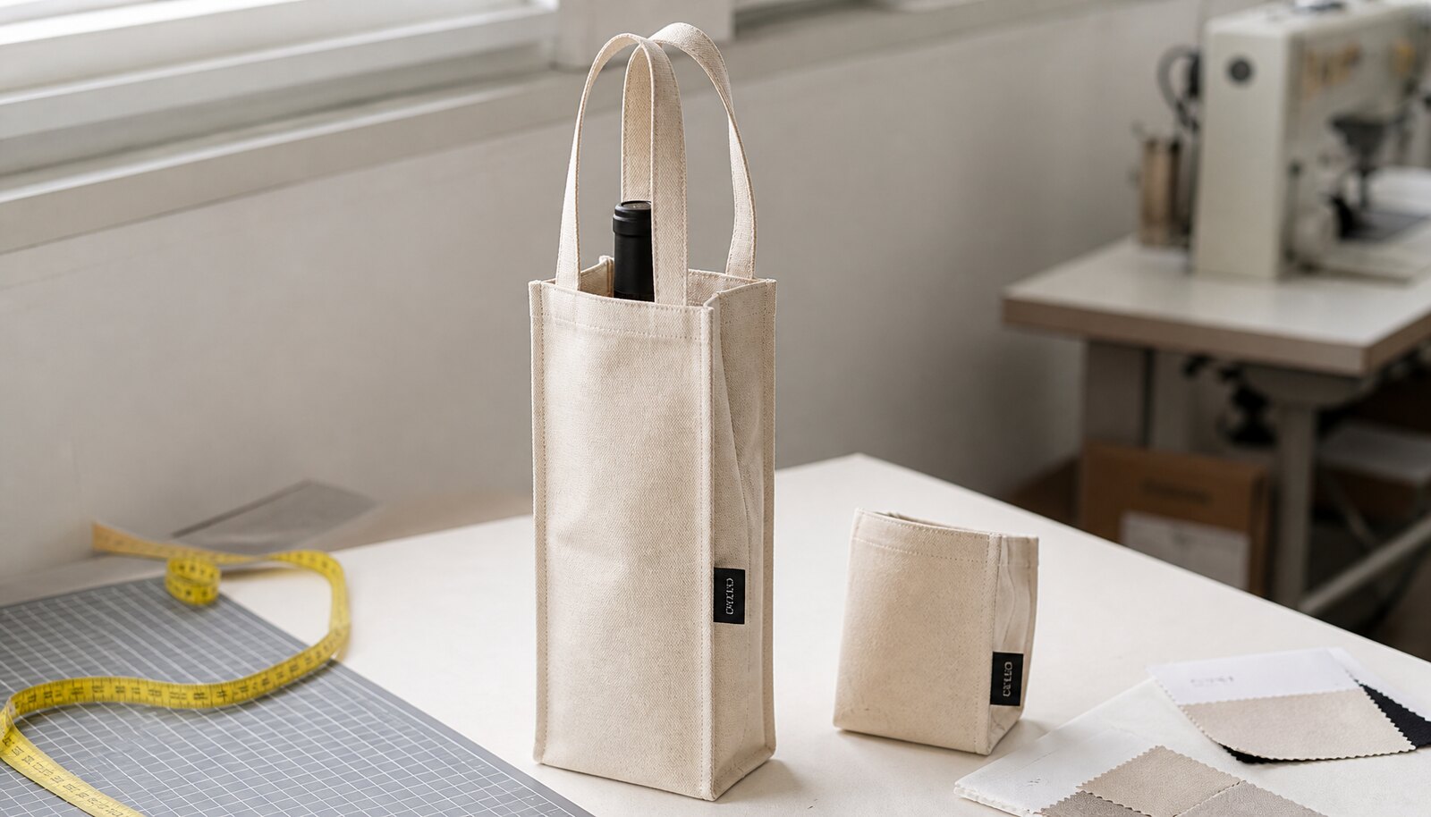 Photorealistic canvas wine carrier sample with a CTM side label in a factory sample room