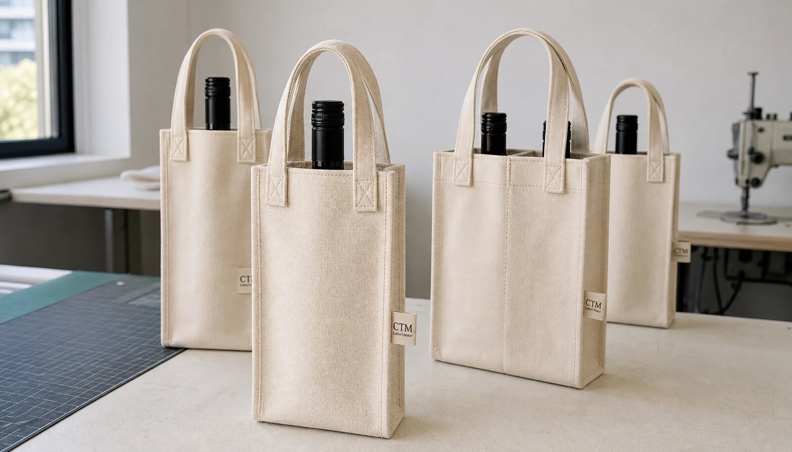 Photorealistic canvas wine carriers with reinforced handles and a CTM/CottonToMaker side label in a factory sample room